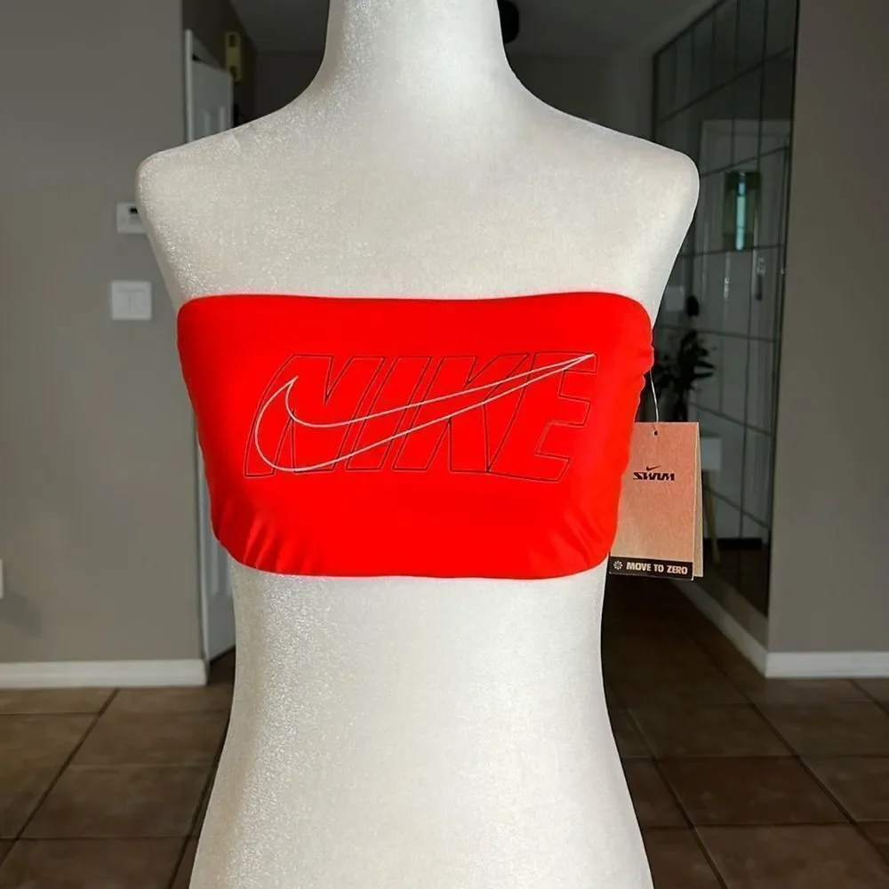 Nike Swim Women Multi Logo Neon Red Bikini Bandeau Top